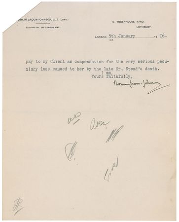 Lot #261 William T. Stead: ?The White Star Line has agreed to pay a sum of about £130,000 in settlement of all claims arising from the loss of the ?Titanic?? - Image 3