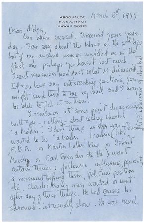 Lot #406 Anne Morrow Lindbergh: “I remember at some point disagreeing with you—& others—about calling Charles ‘a leader’” - Image 1
