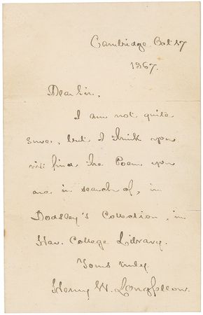 Lot #721 Henry Wadsworth Longfellow Handwritten Letter Signed - Image 1
