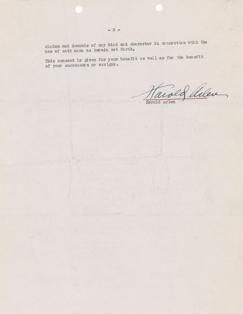 Lot #969 Wizard of Oz: Harold Arlen Signed Document - Image 1