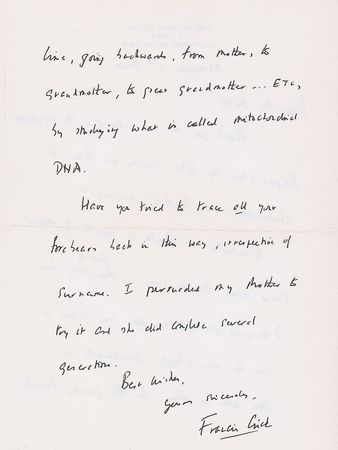 Lot #157 DNA: Francis Crick: Crick investigates family trees “by studying what is called mitochondrial DNA” - Image 2