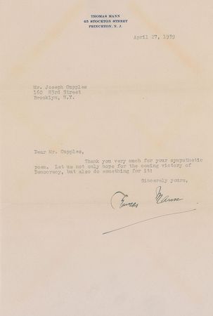 Lot #674 Thomas Mann: “Let us not only hope for the coming victory of Democracy, but also do something for it!” - Image 1