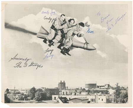 Lot #886 Three Stooges: Fully signed promo for Have Rocket Will Travel - Image 1