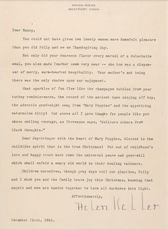 Lot #133 Helen Keller: “Dear Joy-bringer with the heart of Mary Poppins, blessed is the childlike spirit that is the true Christmas” - Image 2