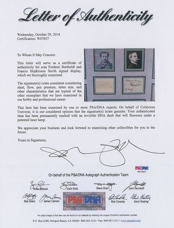 Lot #550 Frederic-Auguste Bartholdi and Francis Hopkinson Smith Signatures - Image 4