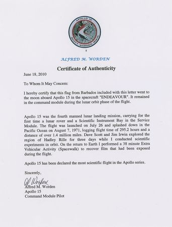 Lot #270 Apollo 15 Flown Flag Signed by Al Worden - Image 2