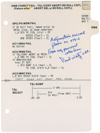 Lot #326 Paul Weitz?s STS-6 Flown Malfunction Card - Image 1