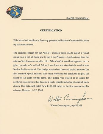 Lot #109 Walt Cunningham?s Apollo 7 Flown Beta Cloth Emblem - Image 2