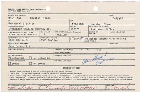 Lot #210 Alan Shepard and Pete Conrad Signed Leave Request - Image 1