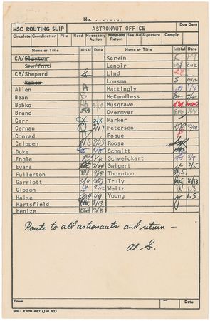 Lot #35 Mercury Astronaut Signed MSC Routing Slip