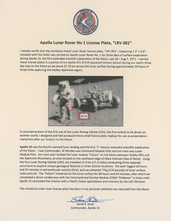 Lot #260 Dave Scott?s Apollo 15 Lunar Surface License Plate - Image 3