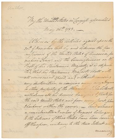Lot #136 Congressional Articles 1783: Alexander Hamilton’s motion to include reparations for illegally freed slaves in the Treaty of Paris - Image 1