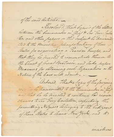 Lot #136 Congressional Articles 1783: Alexander Hamilton’s motion to include reparations for illegally freed slaves in the Treaty of Paris - Image 2