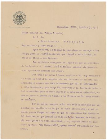 Lot #162 Francisco ‘Pancho’ Villa: “As soon as I catch up to the killers of your brother, they will be punished with all severity,” Villa vows, “especially the one nicknamed ‘El Chiquirrin,’ who will be shot” - Image 1