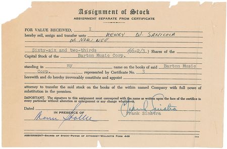 Lot #748 Frank Sinatra: Sinatra?s shares of the Barton Music Corp. - Image 1
