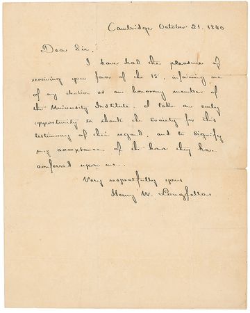 Lot #649 Henry Wadsworth Longfellow Handwritten Letter Signed - Image 1