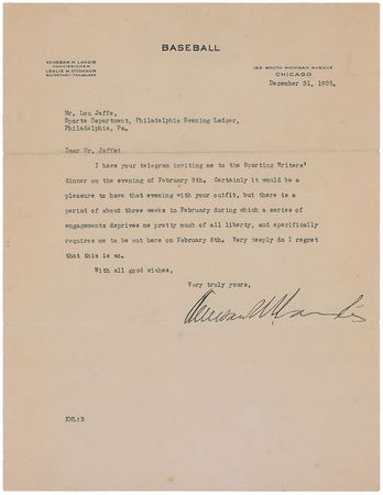 Lot #916 Kenesaw M. Landis Typed Letter Signed - Image 1