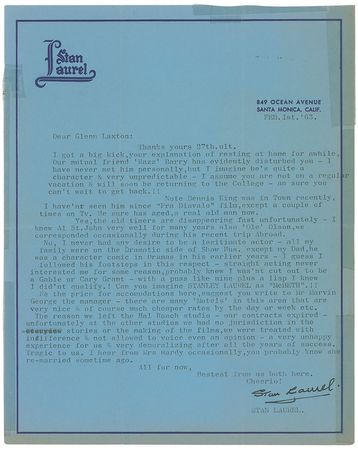 Lot #881 Stan Laurel Typed Letter Signed - Image 1
