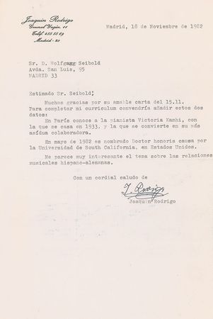 Lot #687 Joaquin Rodrigo Typed Letters Signed - Image 1