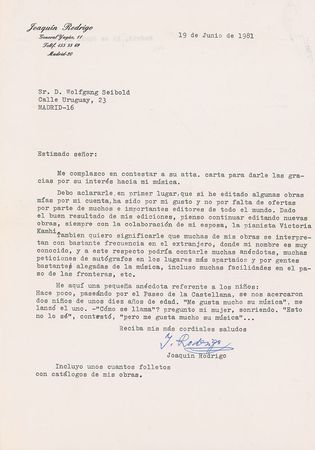 Lot #687 Joaquin Rodrigo Typed Letters Signed - Image 2