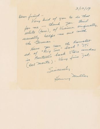 Lot #652 Henry Miller Handwritten Letter Signed - Image 1