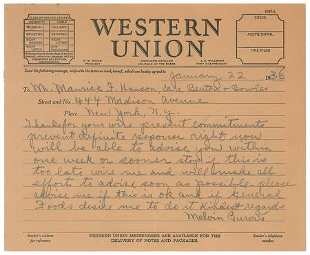 Lot #330 Melvin Purvis Handwritten Telegram - Image 1