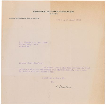 Lot #182 Albert Einstein: Greeted with ?confidence in the experimental grounding of the Theory of Relativity,? Einstein is welcomed to the University Club of Pasadena - Image 1