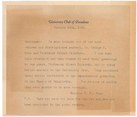 Lot #182 Albert Einstein: Greeted with ?confidence in the experimental grounding of the Theory of Relativity,? Einstein is welcomed to the University Club of Pasadena - Image 2