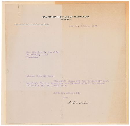 Lot #182 Albert Einstein: Greeted with ?confidence in the experimental grounding of the Theory of Relativity,? Einstein is welcomed to the University Club of Pasadena - Image 3