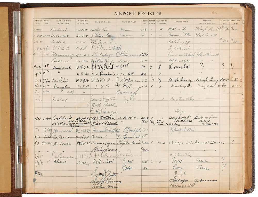 Lot 446 Aviators: Flight register from Floyd Bennett Field, including entries from Earhart and Post
