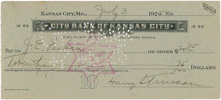 Lot #52 Harry S. Truman Check - Image 1