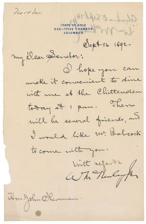 Lot #76 William McKinley Signed Letter - Image 1
