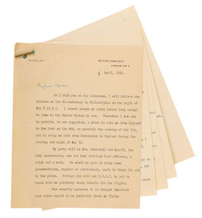 Lot #209 Winston Churchill: Extraordinary archive on a canceled 1951 trip to the University of Pennsylvania - Image 1