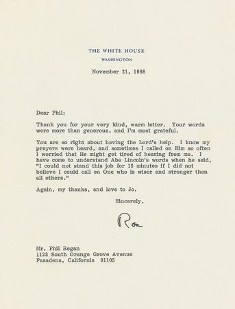 Lot #70 Ronald Reagan: Reagan calls on God and Lincoln - Image 1