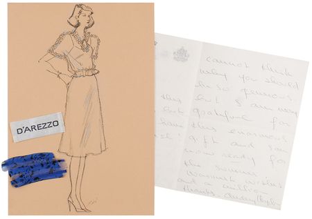 Lot #882 Audrey Hepburn: Fabulous swatch and design sketch for ?the beautiful and enchanting dresses you sent me?the materials are exquisite and a perfect fit? - Image 1