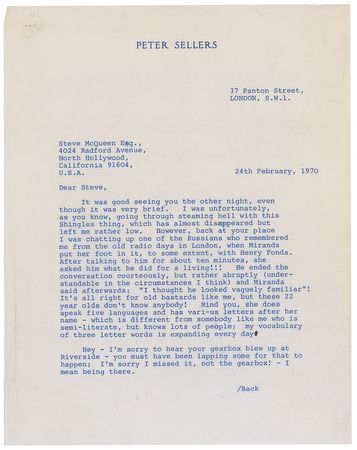 Lot #895 Peter Sellers: With a newly purchased Aston Martin, Sellers talks motorsports with Steve McQueen - Image 1