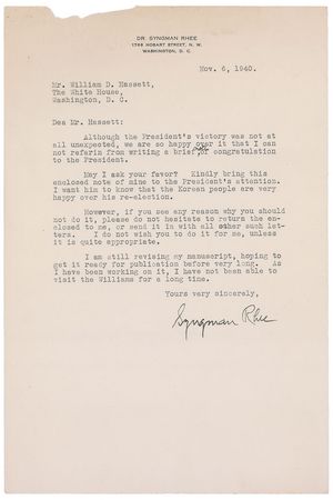 Lot #230 Syngman Rhee: ?The Korean people are very happy over his re-election??Rhee writes to Roosevelt in 1940 - Image 1