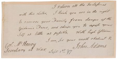 Lot #1 John Adams: Exceptional 1797 presidential letter on the “danger of the Epidemic Fever” spreading through Philadelphia - Image 2