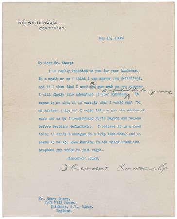 Lot #41 Theodore Roosevelt: Remarkable presidential letter preparing for his “African trip”: “For lion hunting in the thick brush the proposed gun would be just right” - Image 2