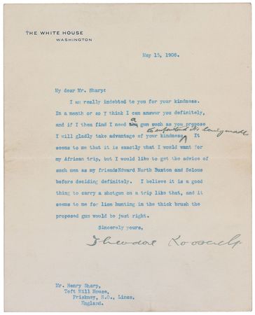 Lot #41 Theodore Roosevelt: Remarkable presidential letter preparing for his “African trip”: “For lion hunting in the thick brush the proposed gun would be just right” - Image 1
