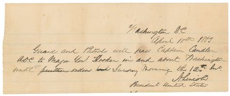 Lot #18 Abraham Lincoln: Passage for his wife’s military escort: “Guard and Patrols will pass Captain Candler A.D.C. to Major Genl. Hooker in and about Washington” - Image 2