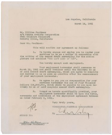 Lot #636 William Faulkner: Faulkner?s contract for a controversial Bogart film - Image 1