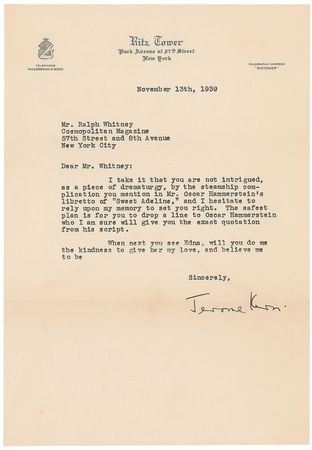 Lot #838 Jerome Kern and Oscar Hammerstein Typed Letter Signed - Image 1