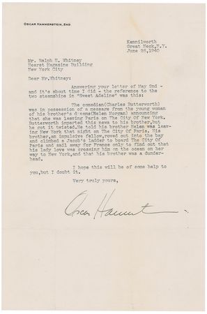 Lot #838 Jerome Kern and Oscar Hammerstein Typed Letter Signed - Image 2