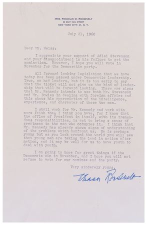 Lot #87 Eleanor Roosevelt: ?I think that Mr. Kennedy has already shown signs of understanding of the problems which confront us? - Image 1