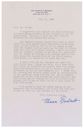 Lot #87 Eleanor Roosevelt: ?I think that Mr. Kennedy has already shown signs of understanding of the problems which confront us? - Image 2