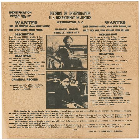 Lot #148 Bonnie and Clyde Wanted Poster - Image 1