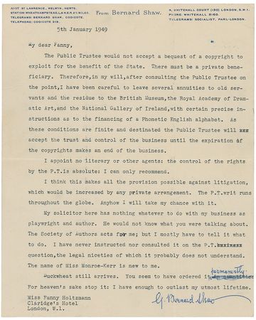 Lot #719 George Bernard Shaw Typed Letter Signed - Image 1