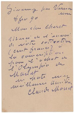 Lot #558 Claude Monet: Monet reaches out to Jules Cheret for Manet’s Olympia - Image 1