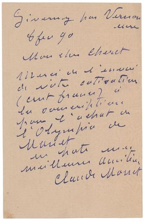 Lot #558 Claude Monet: Monet reaches out to Jules Cheret for Manet’s Olympia - Image 2